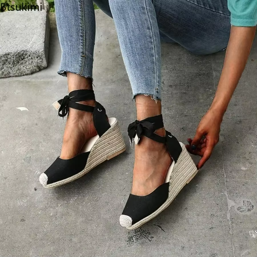 Nouvelles sandales espadrilles à bride cheville pour femme 2026 – Chaussures décontractées d'été respirantes en toile de lin et chanvre