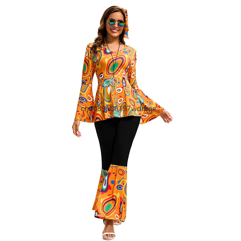Costume de disco multi-couleurs pour femmes, vêtements de performance hippie, ensemble avec bandeau, robe rétro pour fête dansante