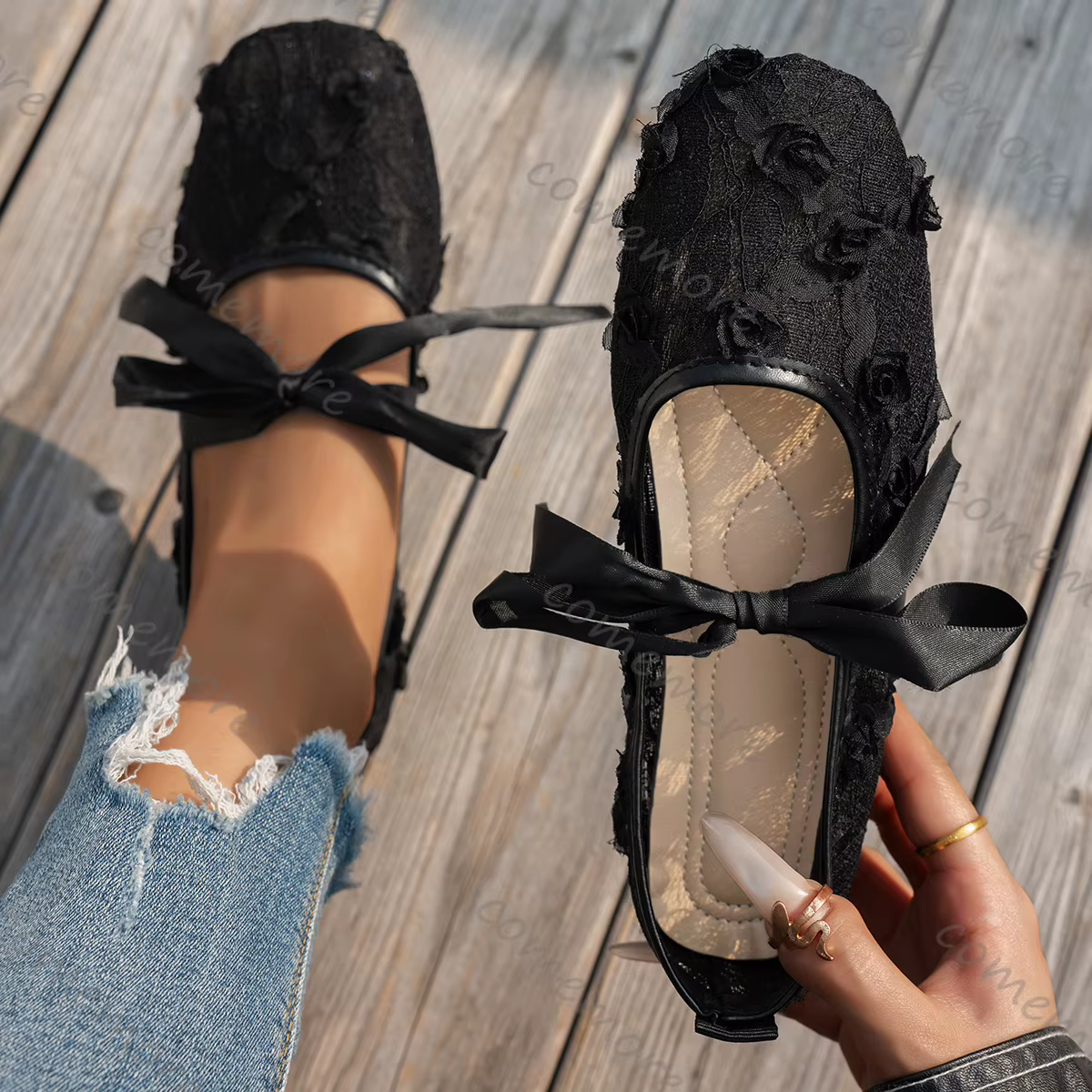 Comemore nouveau rose dentelle fleur appartements printemps été décontracté semelle souple bout carré à lacets doux Ballet maille respirant unique chaussures
