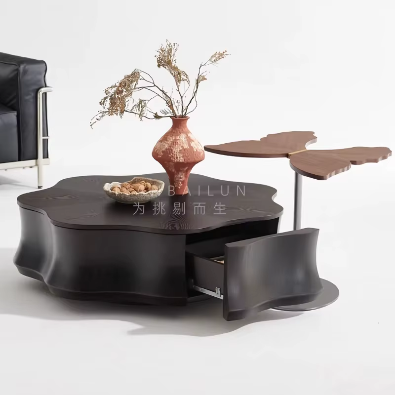 Table basse Wabi Sabi pour salon, en bois massif, irrégulière, marron, style moderne du milieu du siècle, minimaliste, forme de pétale, meuble d'appoint central
