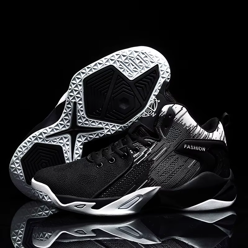 Chaussures de basket-ball montantes noires et blanches pour hommes - Baskets athlétiques en maille respirante