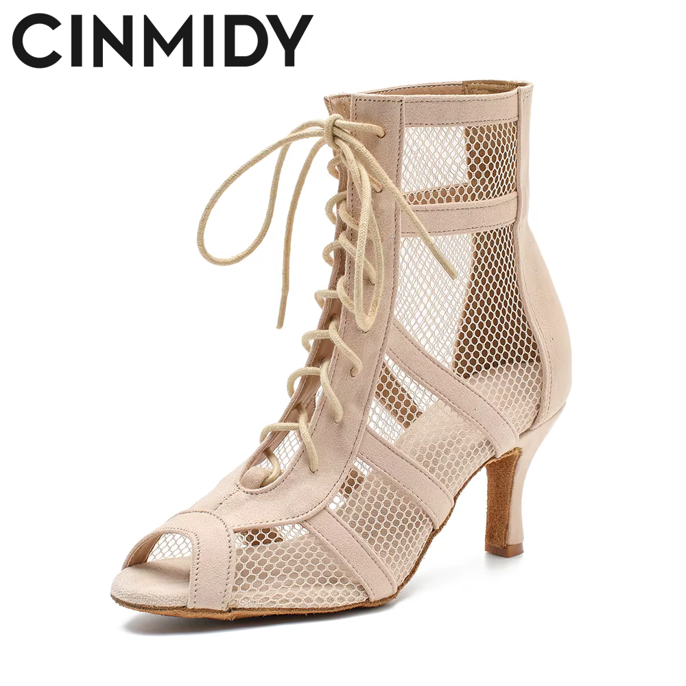 Chaussures de danse latine montantes rouges pour femmes, bottes de danse Jazz à pôle de salle de bal, semelles souples pour dames, Tango/Salsa, talons hauts en maille