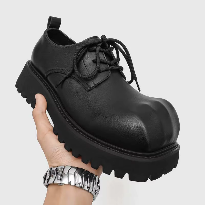 Nouvelles Chaussures Derby à Bout Rond Paris 2026, Plateforme Épaisse, Décontractées, Noires Brillantes, Polyvalentes, Talon Moyen, Doublure en Cuir, Chaussures pour Hommes
