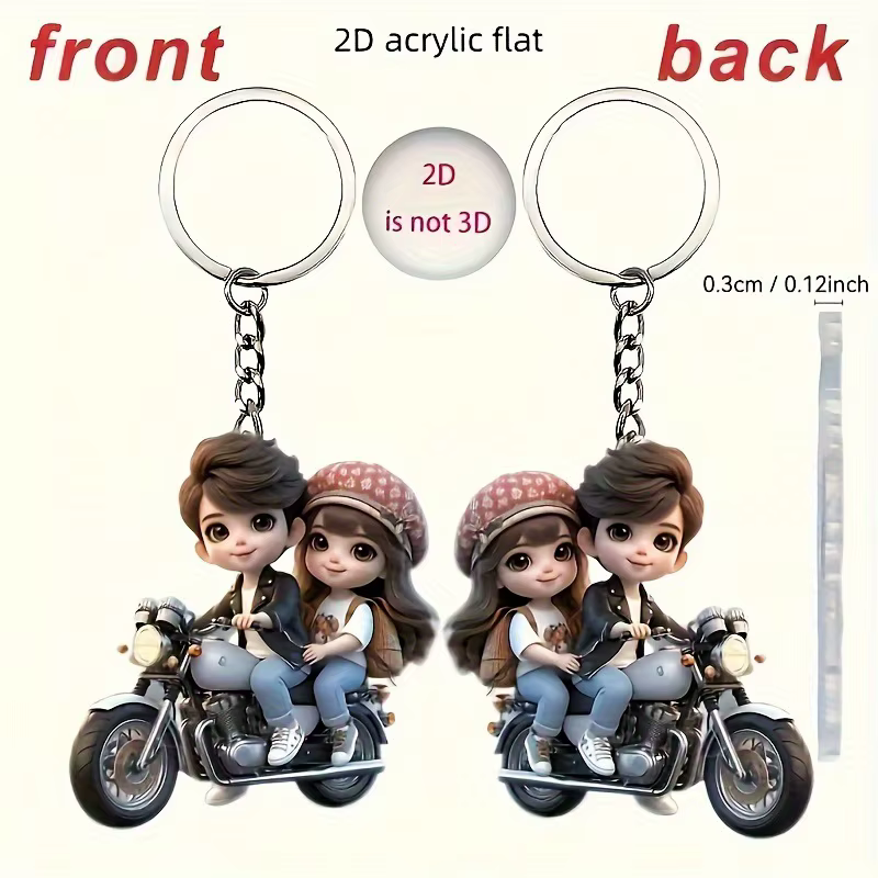 Porte-clés en acrylique 2D plat avec couple mignon à moto, pendentif pour sac à dos, décoration de sac à dos, porte-clés de voiture, cadeau créatif pour couple