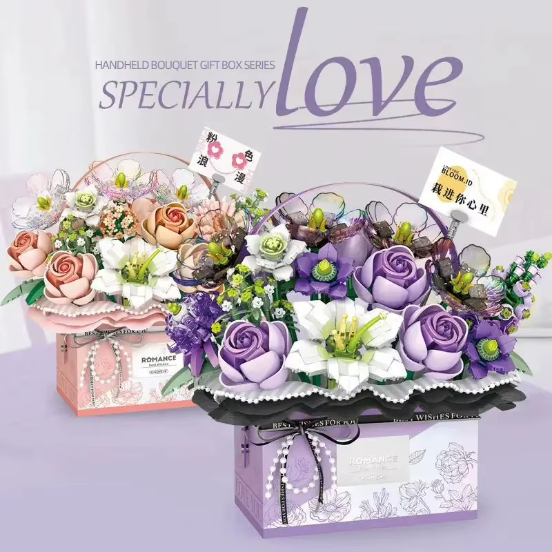 Bouquet de roses roses créatif en blocs de construction, série de boîtes cadeaux portables pour bouquets de fleurs, briques de modélisation, cadeaux pour filles, jouets pour adultes