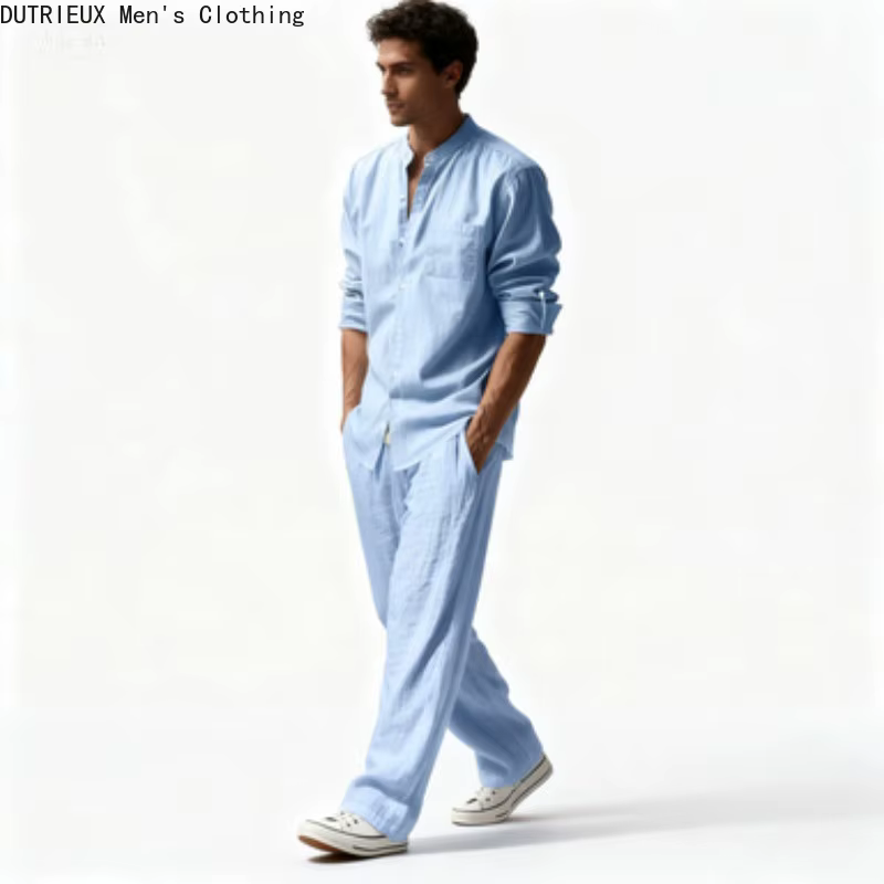 Chemise + pantalon surdimensionné à manches longues, Simple et polyvalent, costume en lin confortable pour hommes, ensemble deux pièces en coton et lin pour hommes, automne