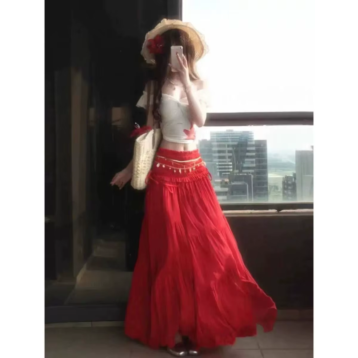 Ensemble 2 pièces style coquette pour femme : haut court épaules dénudées froncé et jupe longue rouge taille haute, coupe ajustée, tenue décontractée quotidienne d'été