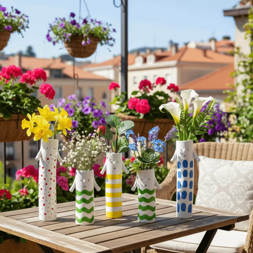 Porte-fleurs en résine peinte de style bohème, vase floral unique et amusant, forme cylindrique, pot de plante fait à la main, ornement de décoration pour la maison