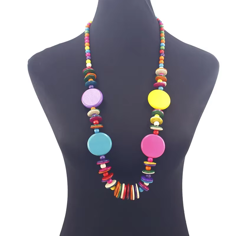 Collier long de style bohème pour femmes, perles en bois faites à la main, bijoux géométriques ronds vintage, accessoires de bijouterie