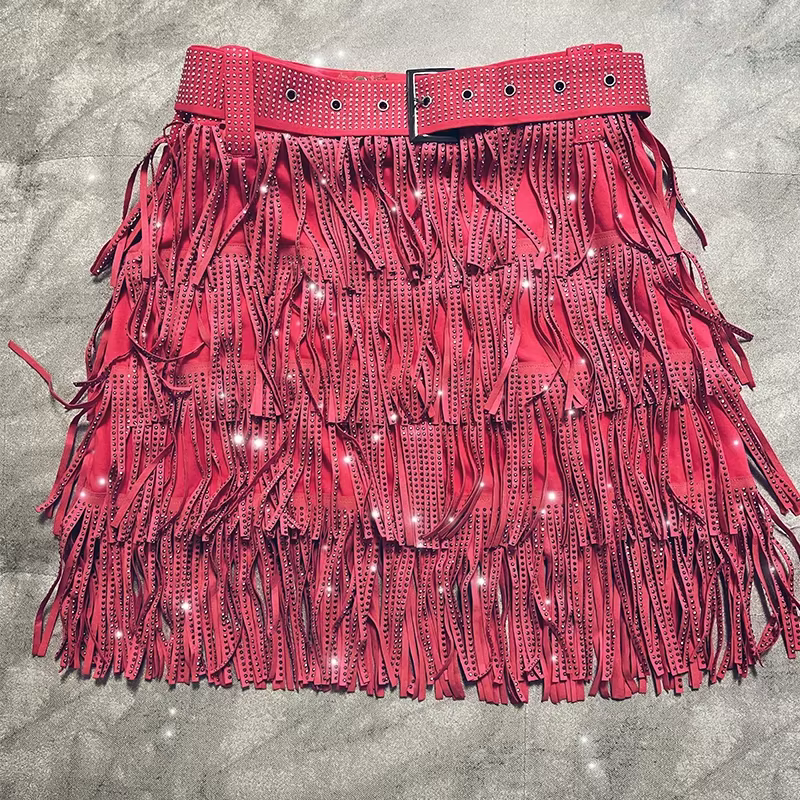 Femmes jupe mode 2025 nouveau automne taille haute ceinture multicouche courte lourde forage strass jupe à franges avec gâteau une ligne