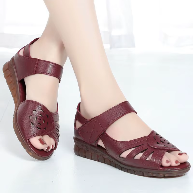 Chaussures d'été en cuir à bout ouvert pour femmes, couleur unie, sandales de plage décontractées à fond souple, chaussures de marche à enfiler