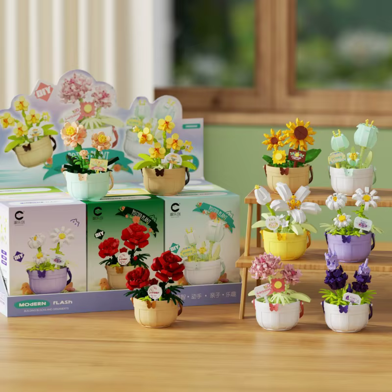 Blocs de construction de panier de fleurs immortelles, Rose amusante, éducation, bricolage, ornements de bureau, jouets, cadeaux de noël