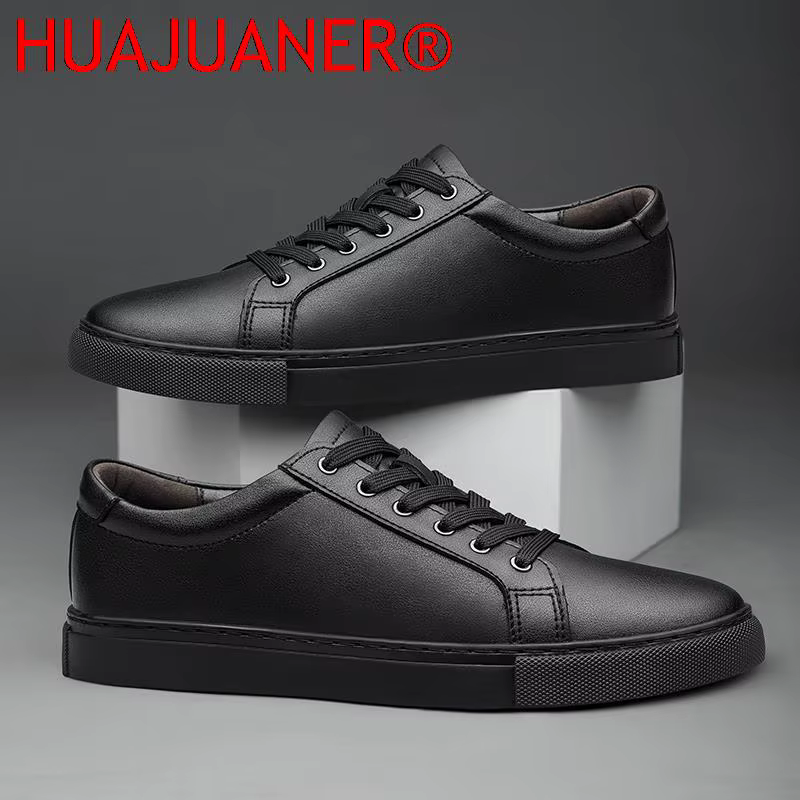 Hommes en cuir véritable chaussures décontractées noir baskets