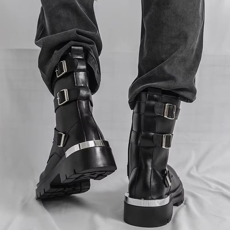 Style Punk hommes bottes mode boucle de ceinture conception mi-mollet botte haute qualité en cuir
