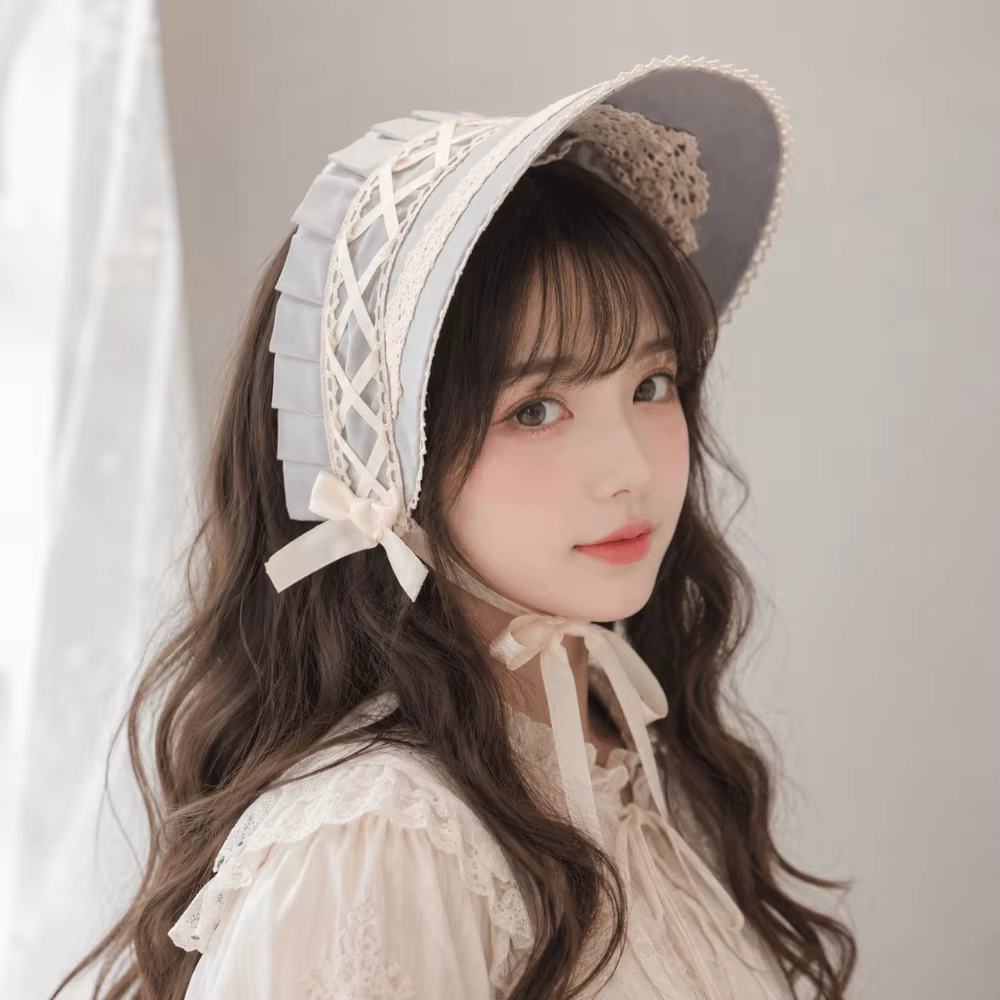 Bonnet Lolita Style Pastorale pour Fille, Nœud Vintage Victorien, Coiffe Élégante et Magnifique en Dentelle, Chapeau de Fête