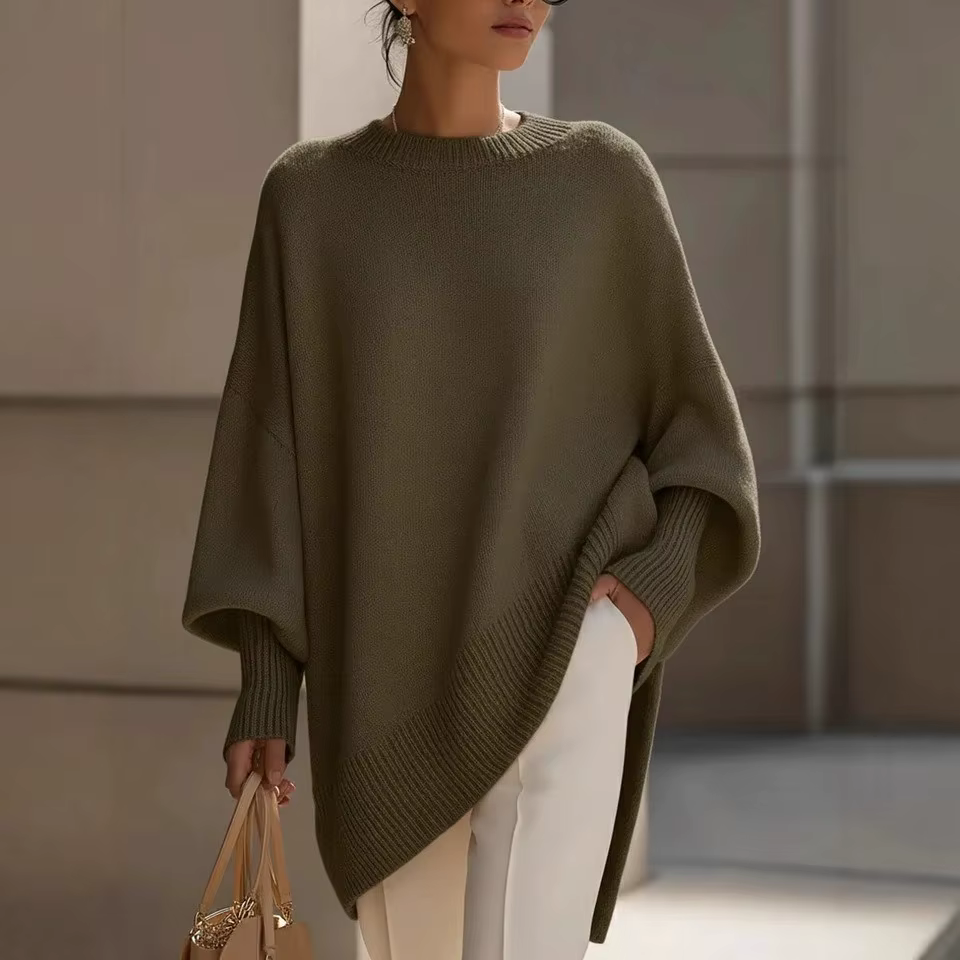 Pull oversize pour femme, automne/hiver 2026, col rond, pull en tricot pour femme, style ample et décontracté, couleur unie