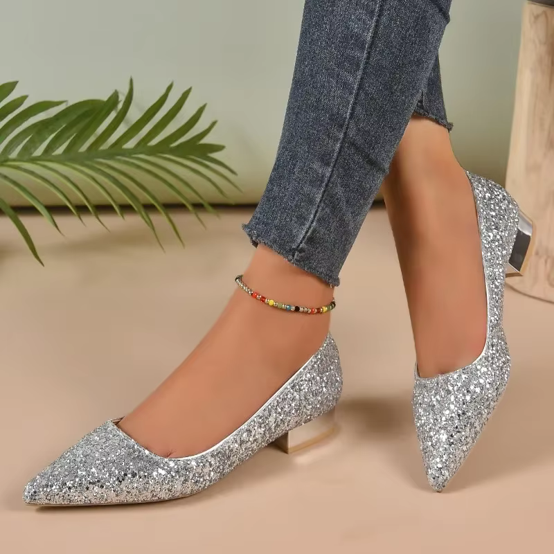 Chaussures plates pour femmes 2025 talon bas bouche peu profonde paillettes printemps et automne
