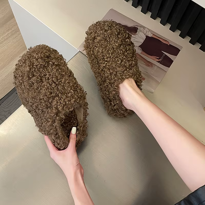 Chaussons d'hiver en fourrure pour femme, pantoufles à plateforme moyenne, bout couvert, en peluche, 2026, style Rome, talons sabot, chaussures d'intérieur