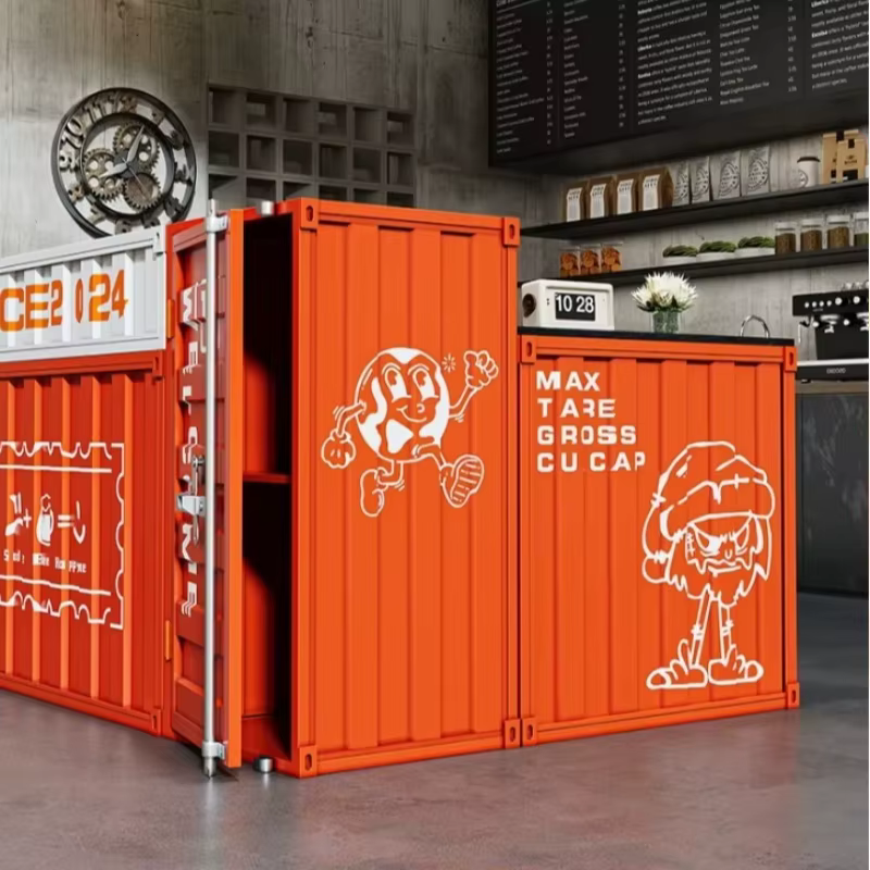 Comptoir de bar de style industriel avec fer forgé vintage, coin de conteneur de type gym pour caisse et espace de réception, sur mesure