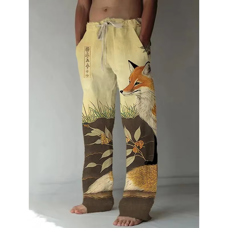 Pantalon à jambes larges de Style japonais Harajuku, imprimé renard raton laveur, pantalon décontracté pour hommes, pantalon d'été, Streetwear, vêtements
