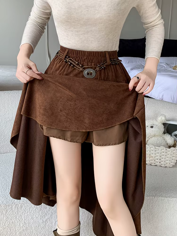 Jupe mi-longue en daim asymétrique rétro américain pour femme, Style bohème, Vintage, automne hiver, jupes trapèze rétro pour dame