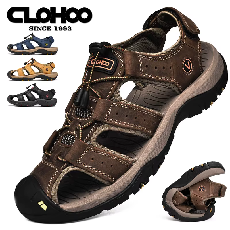 CLOHOO sandales pour hommes faites à la main fond épais en caoutchouc respirant décontracté chaussures de plage à enfiler en cuir Version améliorée