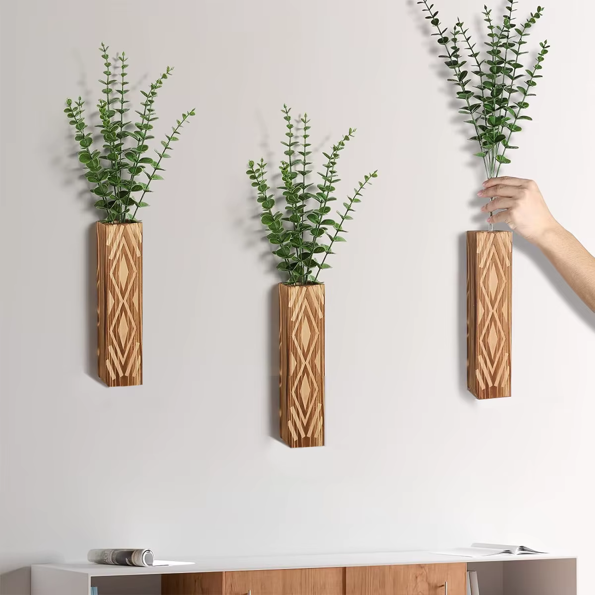 Vase mural en bois de style bohème pour la décoration de la maison, vase de fleurs sèches, plante simulée
