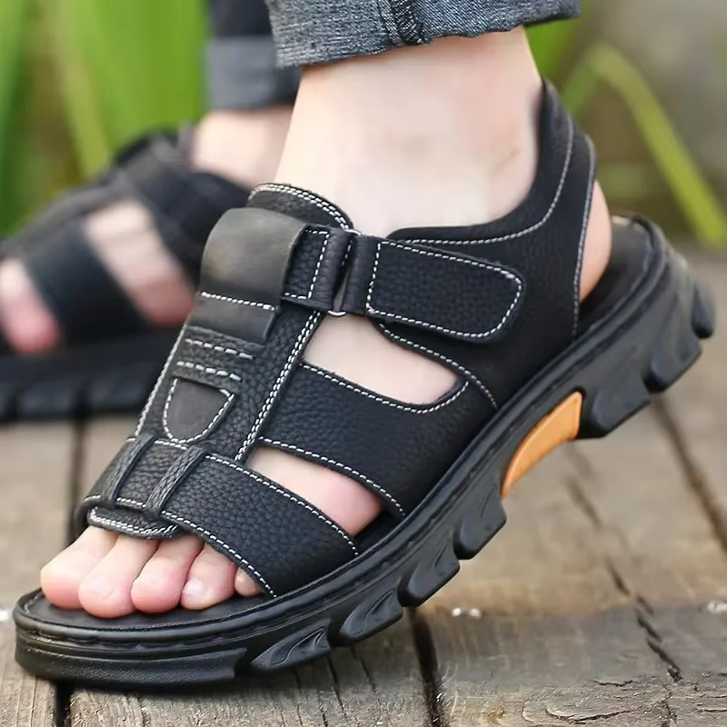 Sandales pour hommes chaussures de couleur unie réglables confort décontracté d'été avec semelle en caoutchouc durable