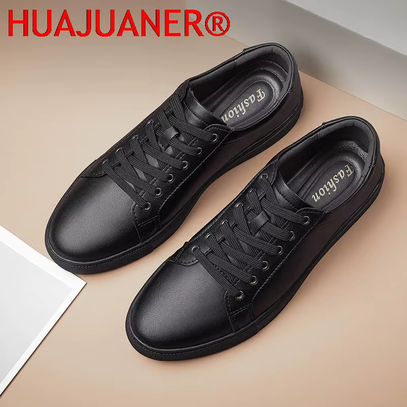 Hommes en cuir véritable chaussures décontractées noir baskets