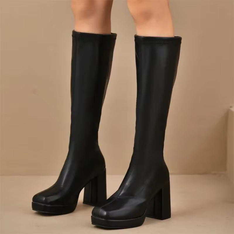 Plate-forme épaisse bottes en cuir Pu noir femme 2025 genou haute grande taille 42 talons hauts