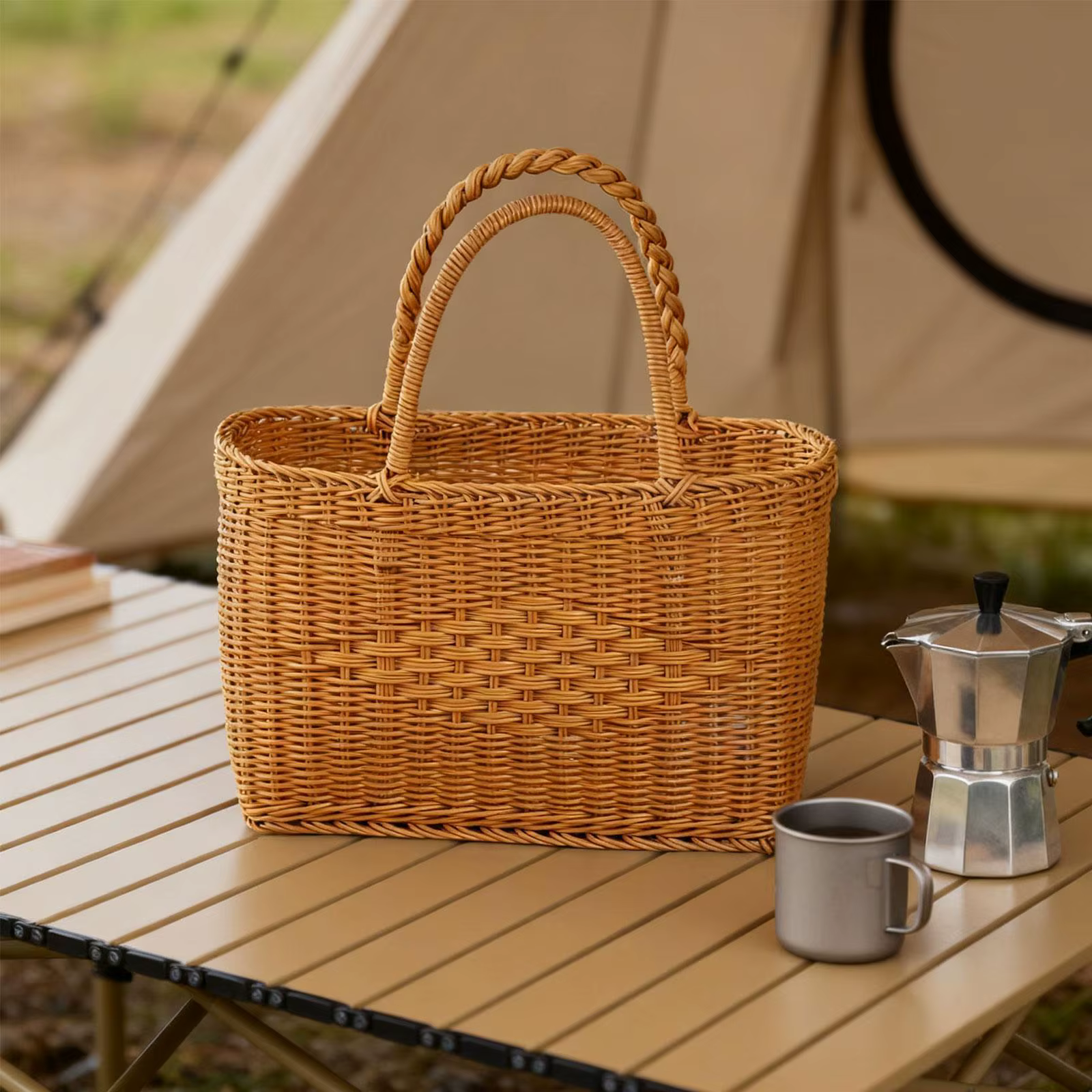 Panier de pique-nique tissé à la main, simple, portable, avec poignées, multifonctionnel pour