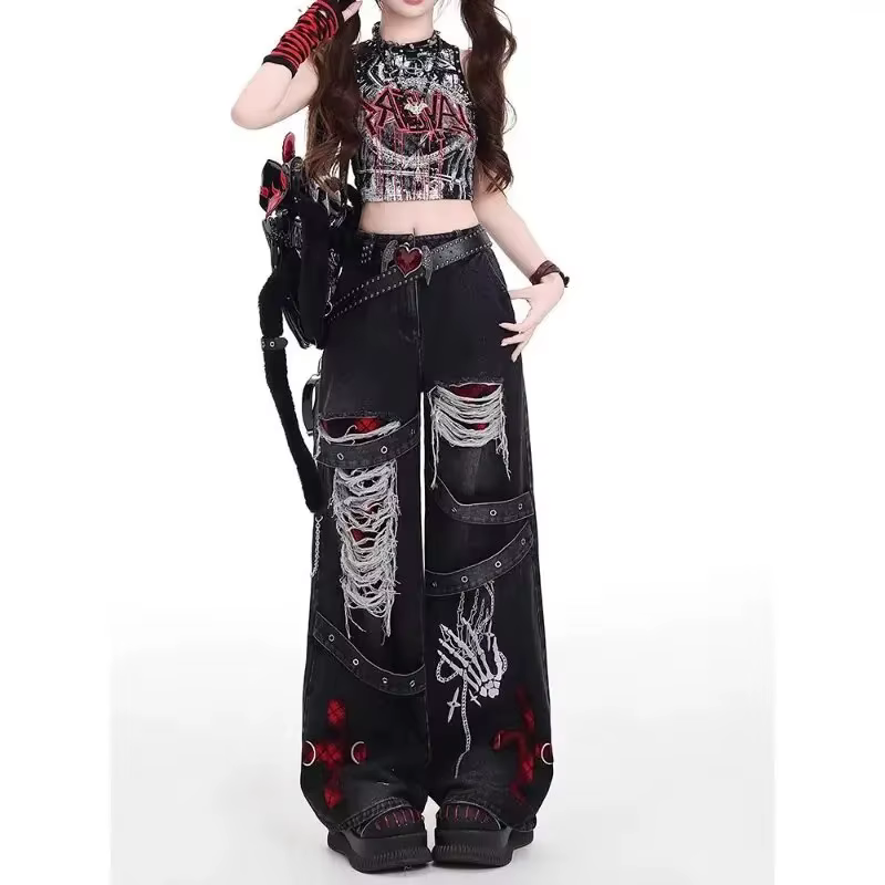 Pantalon en jean décontracté et ample pour femme, style américain, tendance punk rétro, délavé, polyvalent et décontracté