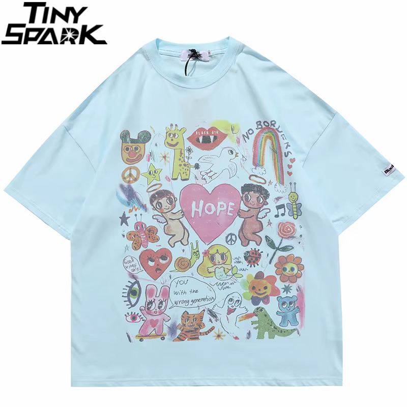 T-Shirt manches courtes en coton pour homme, surdimensionné, Hip Hop, Streetwear, peinture de lettres, cœur, arc-en-ciel, anges imprimés, Harajuku