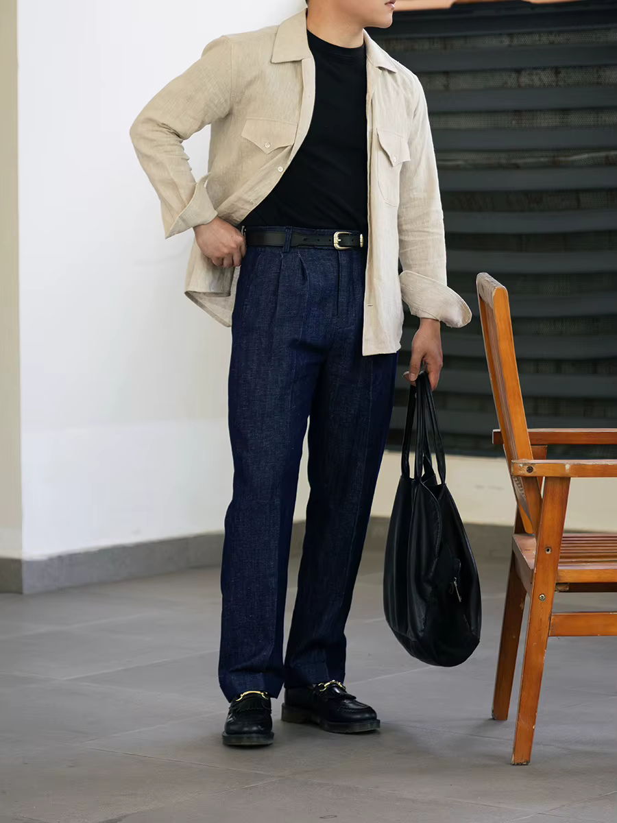 Pantalon décontracté pour homme style italien avec taille élastique | Denim bleu délavé en coton-lin | Coupe droite courte personnalisable et rehaussée
